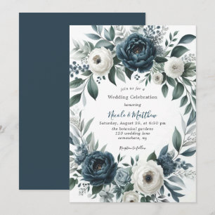 Invitation Célébration du Mariage floral d'ivoire bleu marine