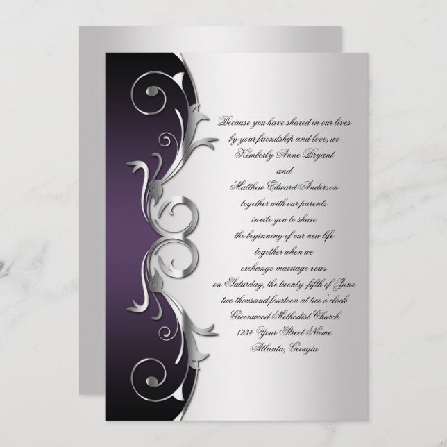Invitation Célébration du Mariage Ornate Purple Black Silver (Devant / Derrière)