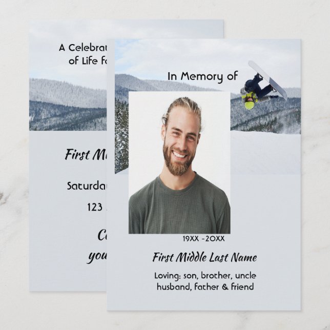 Invitation Célébration du service de vie Snowboard Hiver (Devant / Derrière)