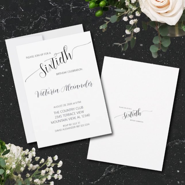 Invitation Célébration du Soixantième Anniversaire en Écritur (Elegant Minimal Black White Birthday Invitation)