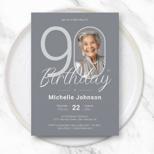 Invitation Célébration Élégante Argentée de 90 Ans avec Photo