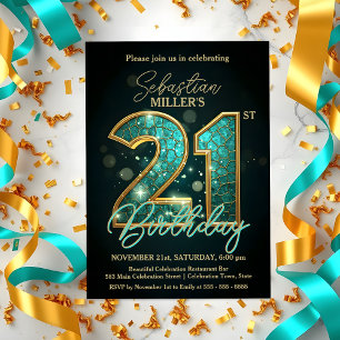 Invitation Célébration élégante de 21 ans en sarcelle et or