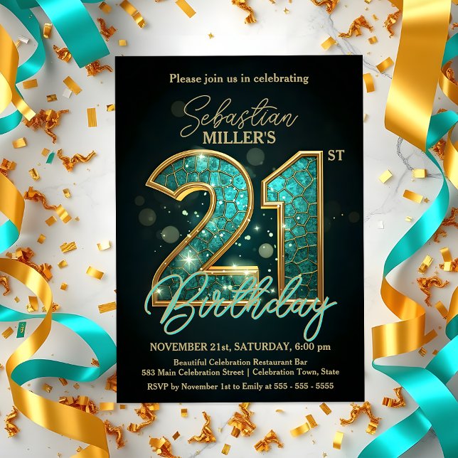 Invitation Célébration élégante de 21 ans en sarcelle et or (Créateur téléchargé)