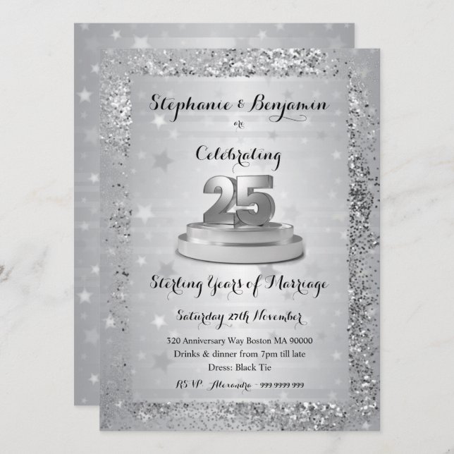 Invitation Célébration élégante de 25 ans de mariage avec pai (Devant / Derrière)
