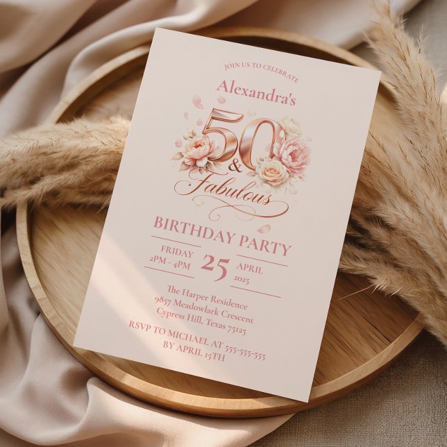 Invitation Célébration élégante de 50 ans avec des fleurs ros (Créateur téléchargé)