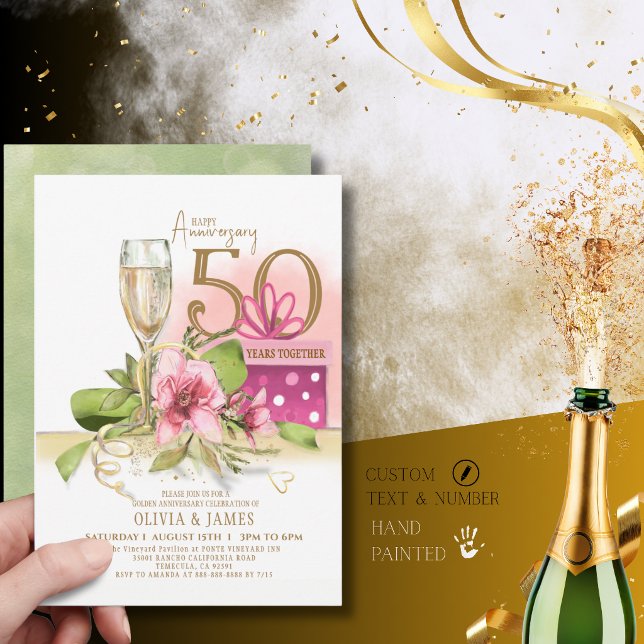 Invitation Célébration élégante de 50 ans de mariage au Champ (Elegant Golden 50th Wedding Anniversary Champagne Invitation)