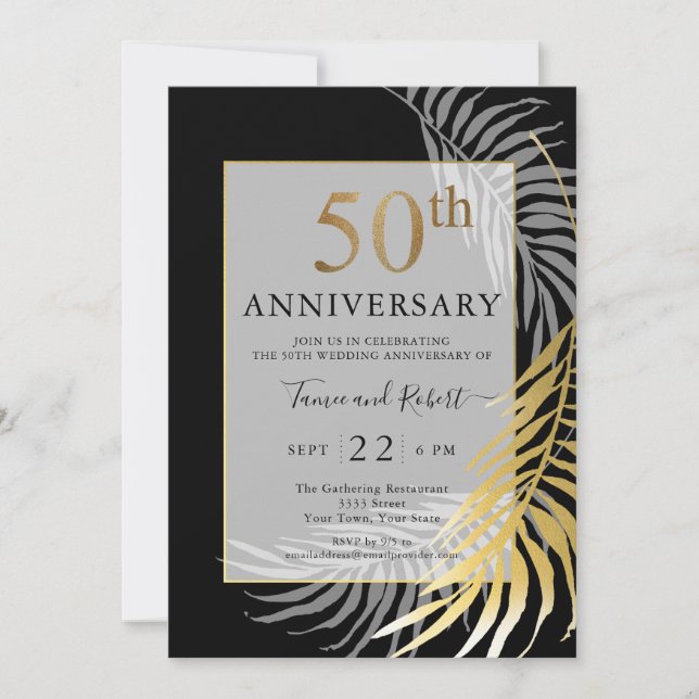 Invitation Célébration élégante de 50 ans de mariage noir or  (Devant)