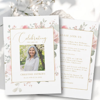 Invitation Célébration Élégante de la Vie Photo Roses Funérai