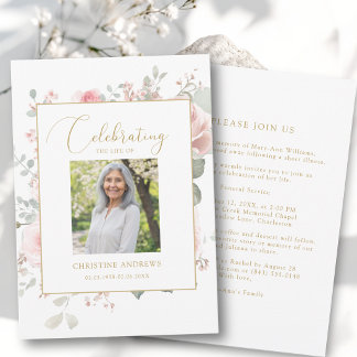 Invitation Célébration Élégante de la Vie Photo Roses Funérai