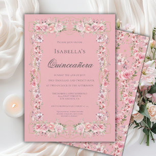 Invitation Célébration élégante de Quinceañera florale rose 1