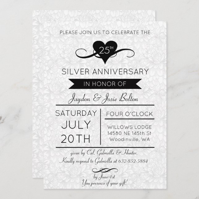 Invitation Célébration élégante du 25e anniversaire (Devant / Derrière)