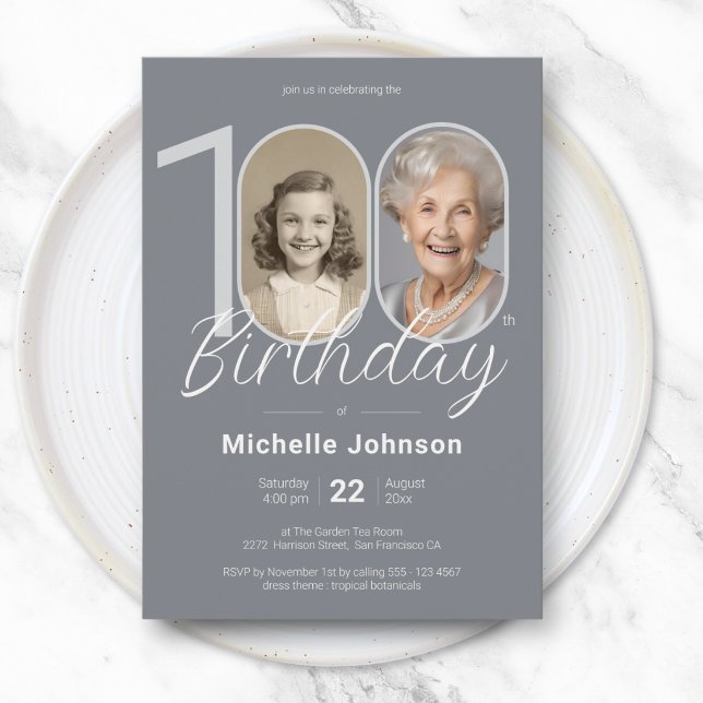 Invitation Célébration élégante en argent de 100 ans avec pho (Elegant Silver Custom Photo 100th Birthday Invitation)