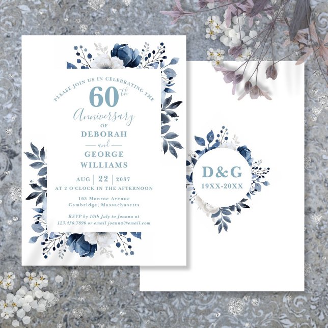 Invitation Célébration élégante florale des 60 ans de mariage (Elegant Floral 60th Diamond Wedding Anniversary Invitation)