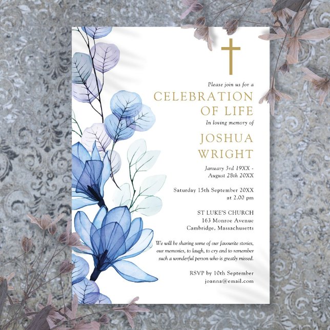 Invitation Célébration Funéraire Chrétienne Fleurie Bleue De  (Blue Floral Christian Celebration Of Life Funeral Invitation)