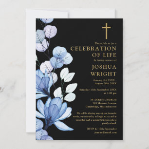 Invitation Célébration funéraire chrétienne florale bleue de 
