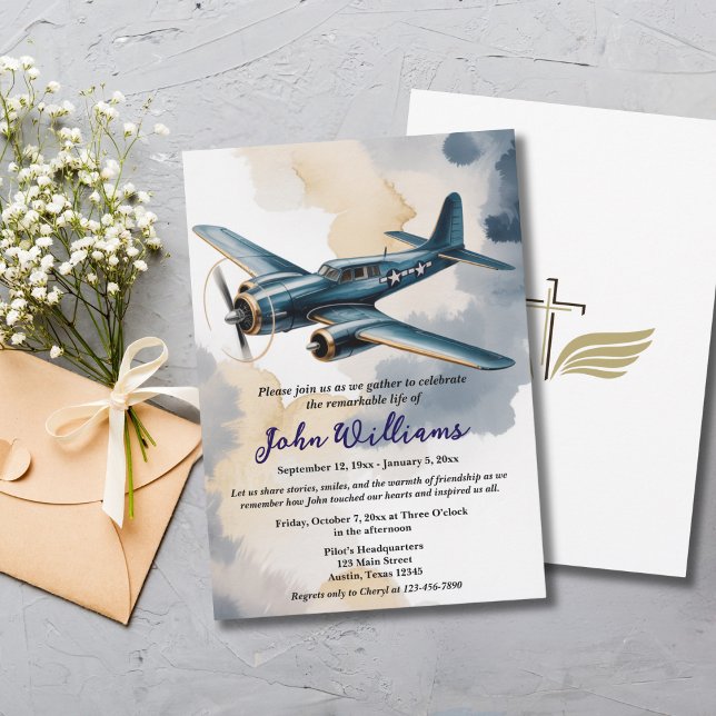 Invitation Célébration funéraire de la vie mémorial avion ble (Créateur téléchargé)