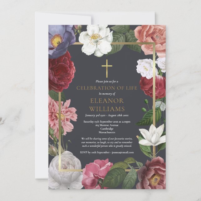 Invitation Célébration funéraire de vie Rose Florale (Devant)