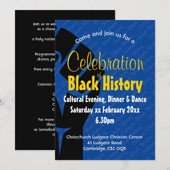 Invitation CÉLÉBRATION HISTOIRE NOIRE Personnalisée BHM Bleu (Devant / Derrière)