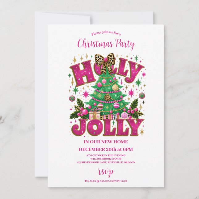 Invitation Célebration joyeuse de Holly avec un nœud léopard (Devant)