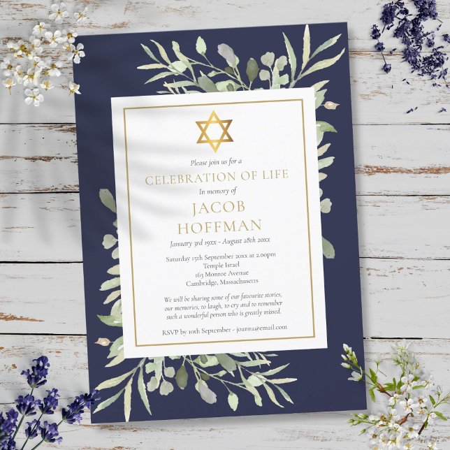 Invitation Célébration juive de funérailles de vie Verdure Bl (Jewish Funeral Celebration of Life Greenery Blue Invitation)
