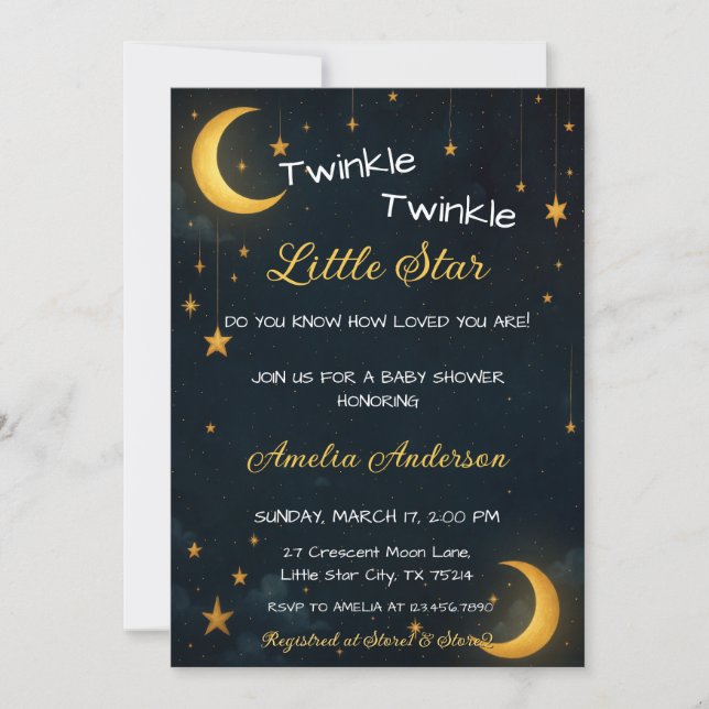 Invitation Célébration Lunaire Dorée Nuit Étoilée Baby Shower (Devant)