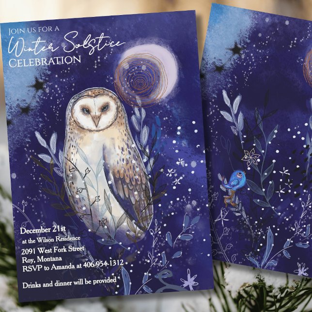 Invitation Célébration magique de la nuit la plus longue avec (Magical Barn Owl Winter Solstice Celebration Invitation)
