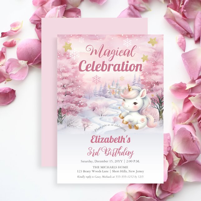 Invitation Célébration magique Unicorn 3e fête d'anniversaire (Unicorn Pink Magical Celebration Mythical Creature Girl's 3rd Birthday Party Invitation)