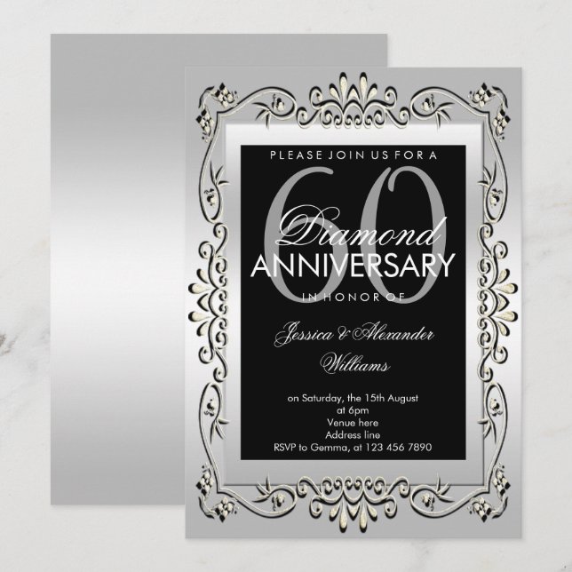 Invitation Célébration Mariage 60 Ans Argent Décoratif Élégan (Devant / Derrière)