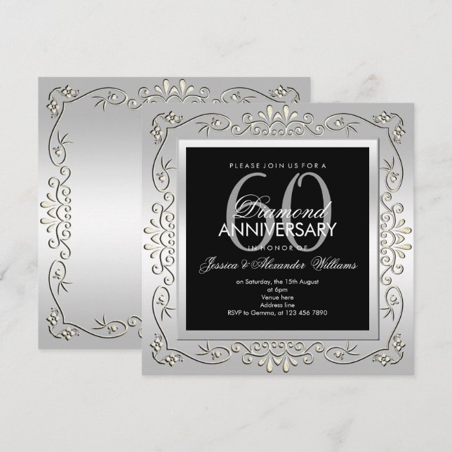 Invitation Célébration Mariage 60 Ans Argent Décoratif Élégan (Devant / Derrière)