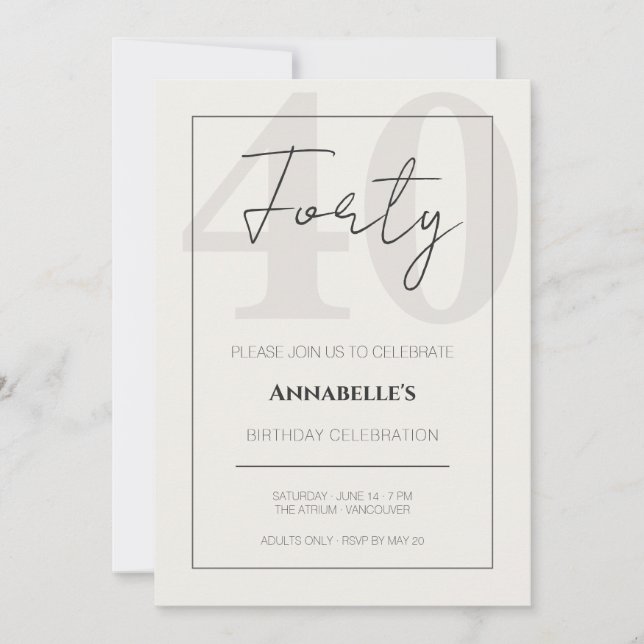 Invitation Célébration minimale élégante pour les 40 ans  (Devant)