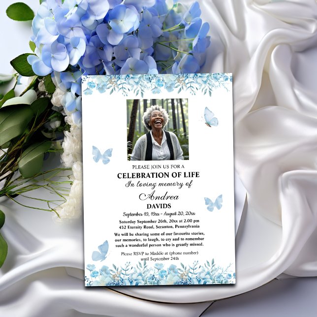 Invitation Celebration Of Life 1 Photo Funeral Blue Floral (Créateur téléchargé)