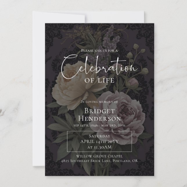 Invitation Celebration of Life Dark Moody Floral Funeral (Devant)
