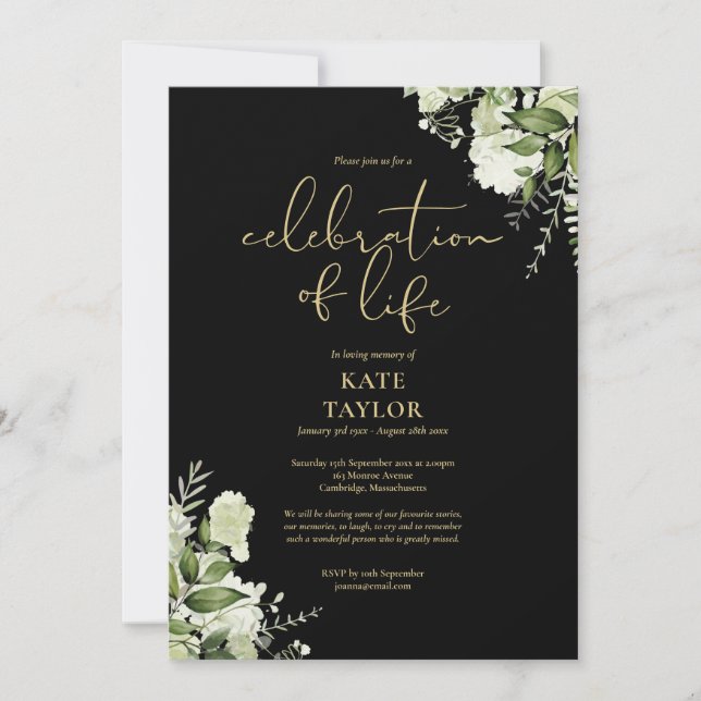 Invitation Celebration of Life Greenery Floral Black And Gold (Devant)