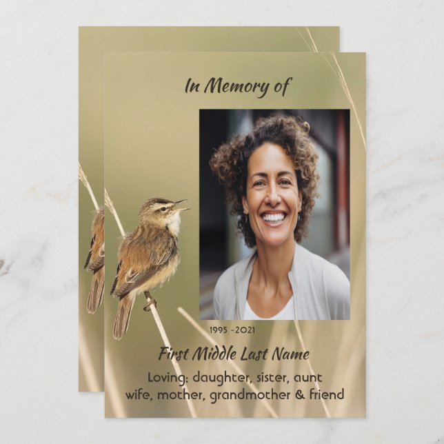 Invitation Celebration of Life Service  Bird Garden Nature  (Devant / Derrière)