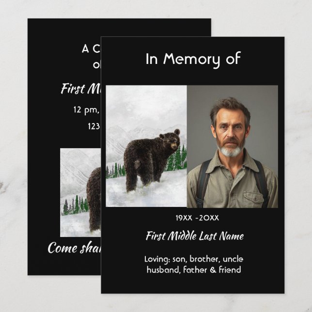Invitation Celebration of Life Service Black Bear Animal (Devant / Derrière)