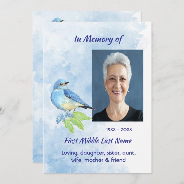 Invitation Celebration of Life Service Bluebird Garden Bird  (Devant / Derrière)