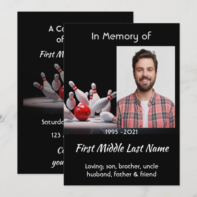 Invitation Celebration of Life Service  Bowling Bowler (Devant / Derrière)
