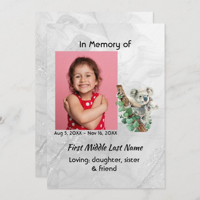 Invitation Celebration of Life Service Cute Koala Bear Kids (Devant / Derrière)