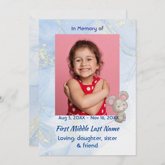 Invitation Celebration of Life Service Cute Mouse Children   (Devant / Derrière)