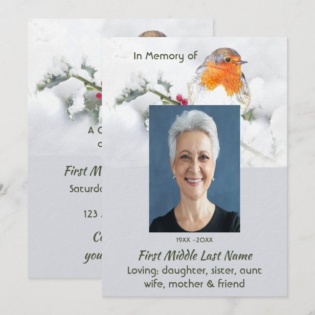 Invitation Celebration of Life Service  English Robin Bird (Devant / Derrière)