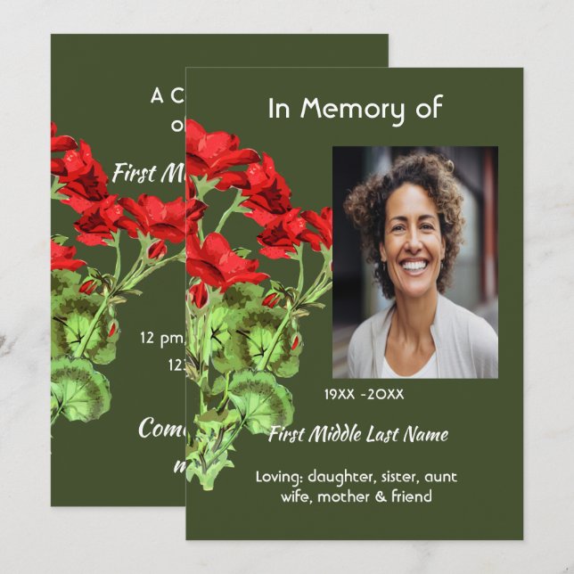 Invitation Celebration of Life Service Geranium Flower (Devant / Derrière)