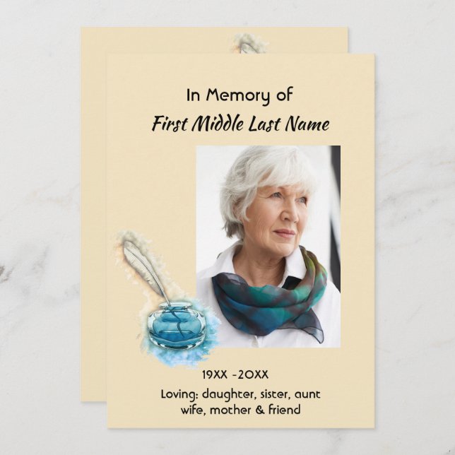 Invitation Celebration of Life Service Invite Feather Pen art (Devant / Derrière)