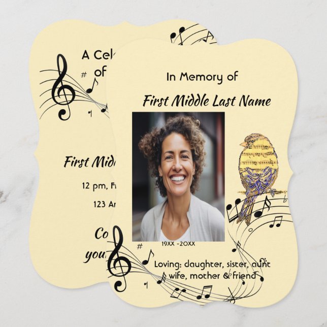 Invitation Celebration of Life Service Invite Music Bird (Devant / Derrière)