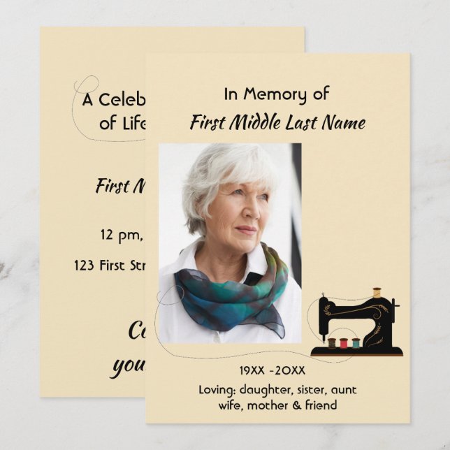 Invitation Celebration of Life Service Invite Seamstress  (Devant / Derrière)