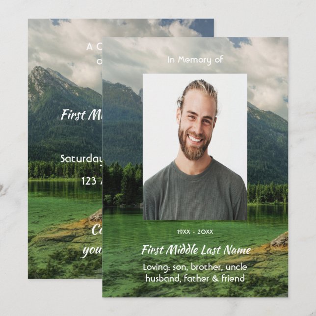 Invitation Celebration of Life Service Mountain Lake Scenery (Devant / Derrière)