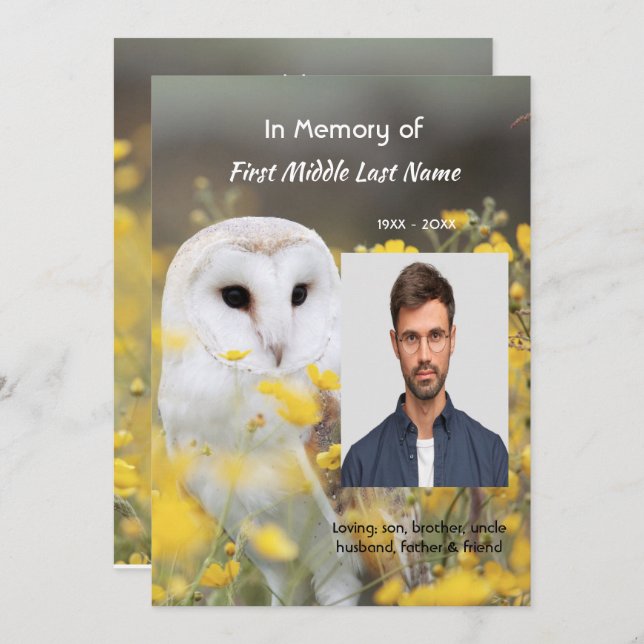 Invitation Celebration of Life Service Photo Barn Owl Bird  (Devant / Derrière)