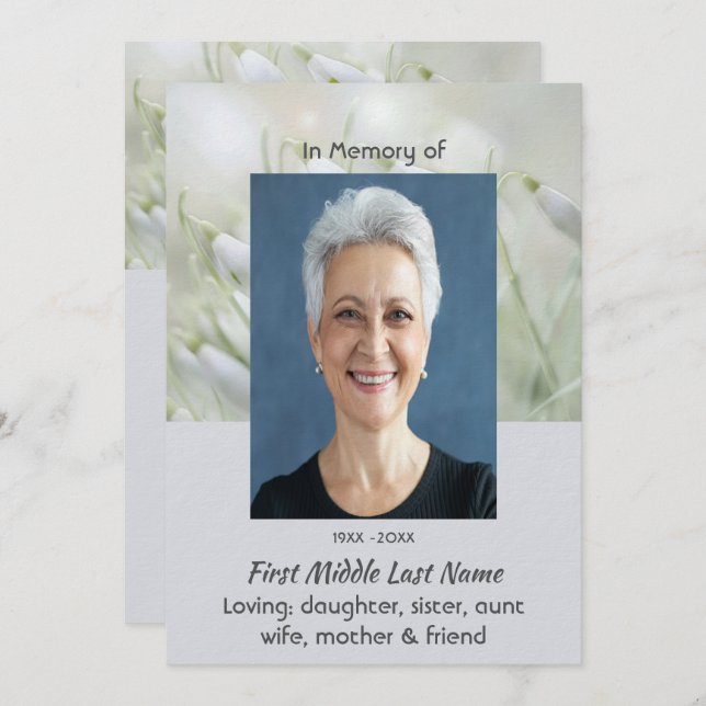 Invitation Celebration of Life Service Snowdrop Flowers (Devant / Derrière)