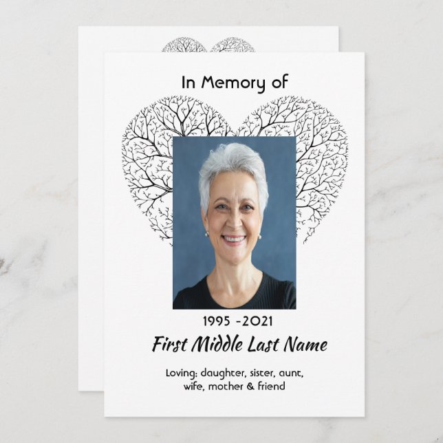 Invitation Celebration of Life Service Tree Life Heart Love (Devant / Derrière)