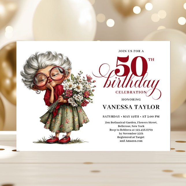 Invitation Célébration originale des cinquante ans d'une dame (Hilarious fifty birthday lady quirky celebration)