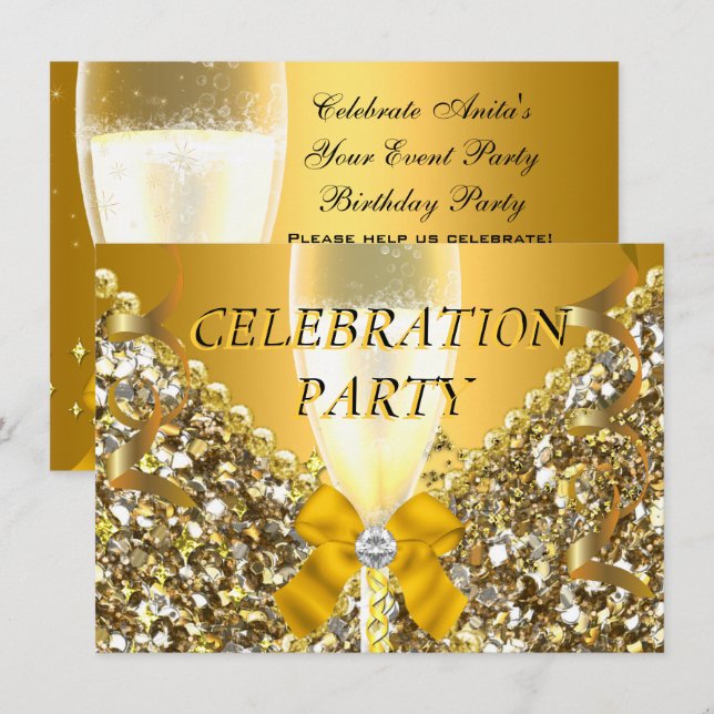 Invitation CÉLÉBRATION Paillettes Or Argent Champagne Fête (Devant / Derrière)